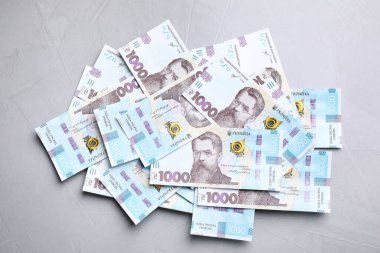 Gri arka planda Ukrayna parası, düz yatış