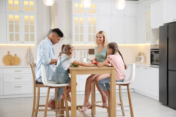 Happy Family Cooking Together Table Modern Kitchen — Stock Photo, Image