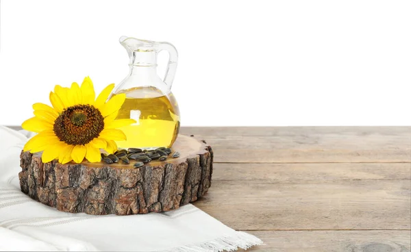Sunflower Jug Oil Seeds Wooden Table White Background Space Text — Stock Photo, Image