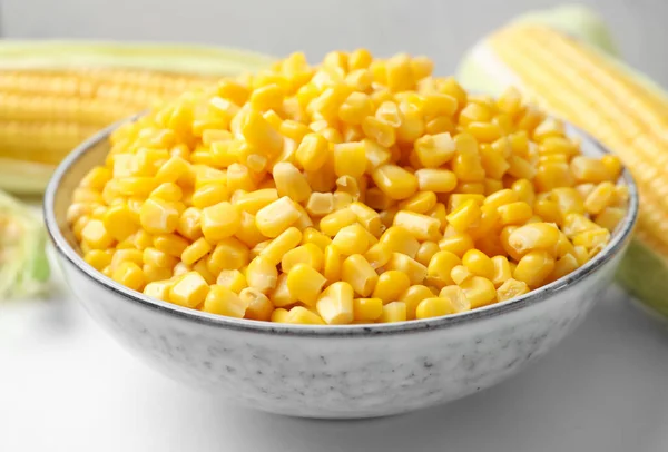 Bowl Preserved Corn White Table Closeup — Stock Photo, Image