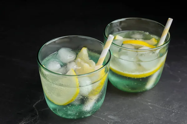 Soda Water Lemon Slices Ice Cubes Grey Table — Stock Photo, Image