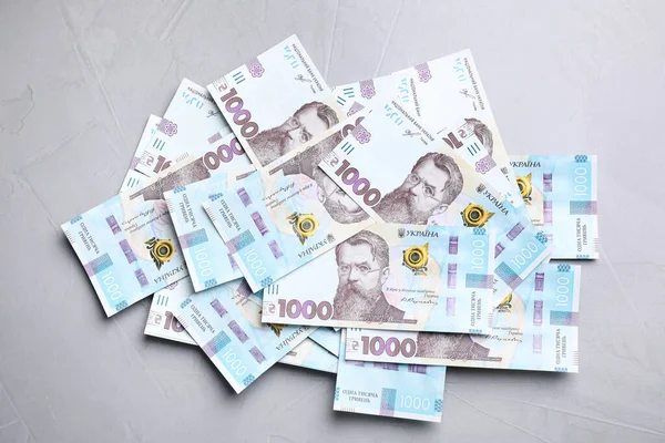 Dinheiro Ucraniano Fundo Cinza Flat Lay — Fotografia de Stock