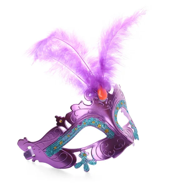 Красивая Пурпурная Карнавальная Маска Перьями Изолированными Белом — стоковое фото