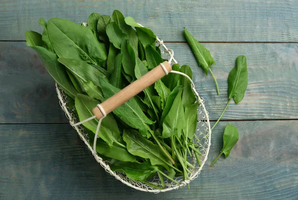 Verse Groene Zuring Bladeren Mand Lichtblauwe Houten Tafel Plat Gelegd — Stockfoto