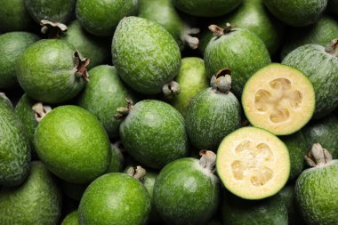 Arka plan olarak taze yeşil feijoa meyveleri, yakın plan