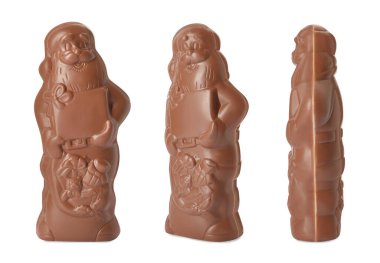Beyaz arka planda çikolatalı Noel Baba, farklı taraflardan görüntüler.