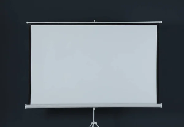 Pantalla Proyección Blanco Cerca Pared Negra Interiores Espacio Para Diseño —  Fotos de Stock
