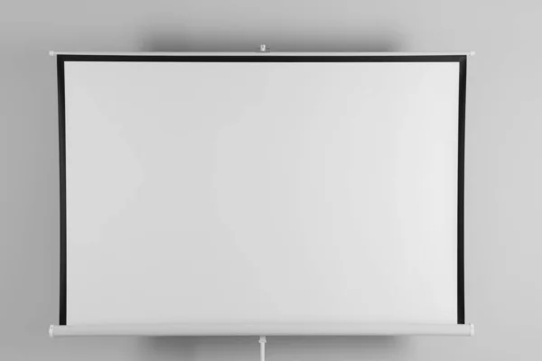 Пустой Проекционный Экран Возле Белой Стены Помещении Пространство Дизайна — стоковое фото