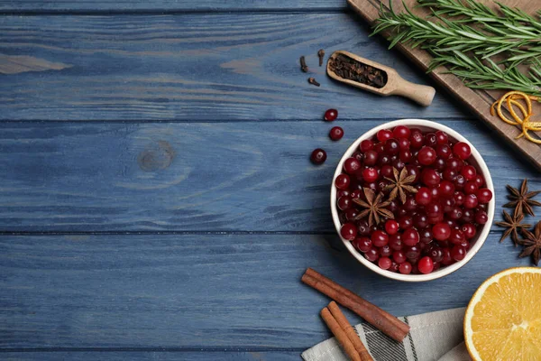 Flat Lay Composition Fresh Ripe Cranberries Blue Wooden Table Space — Stock Photo, Image