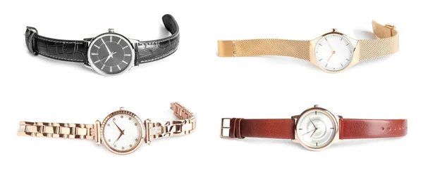 Collage Montres Élégantes Sur Fond Blanc Conception Bannière — Photo