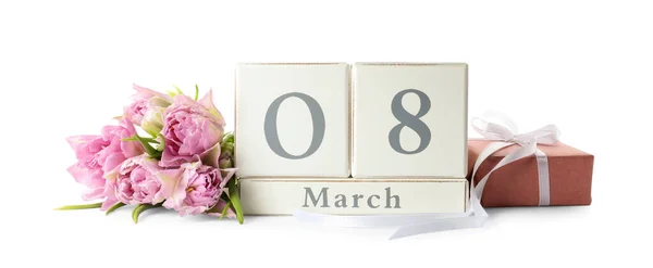 Calendrier Bloc Bois Avec Date Mars Cadeau Tulipes Sur Fond — Photo