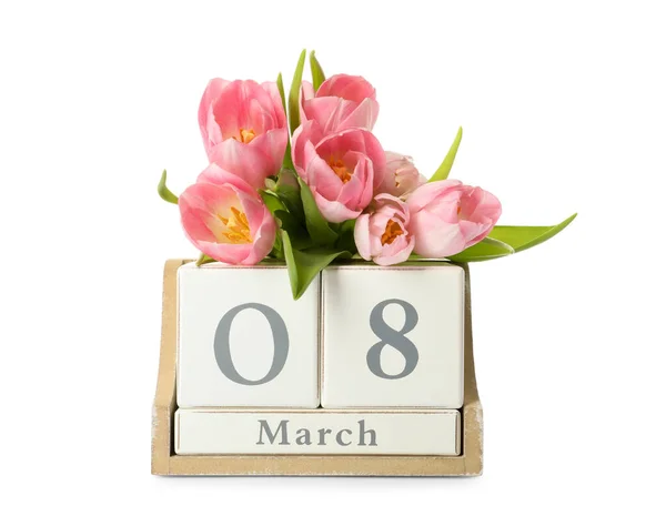 Wooden Block Calendar Date 8Th March Tulips White Background International — Stock Photo, Image