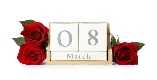 Houten Blokkenkalender Met Datum Maart Rozen Witte Achtergrond Internationale Vrouwendag — Stockfoto