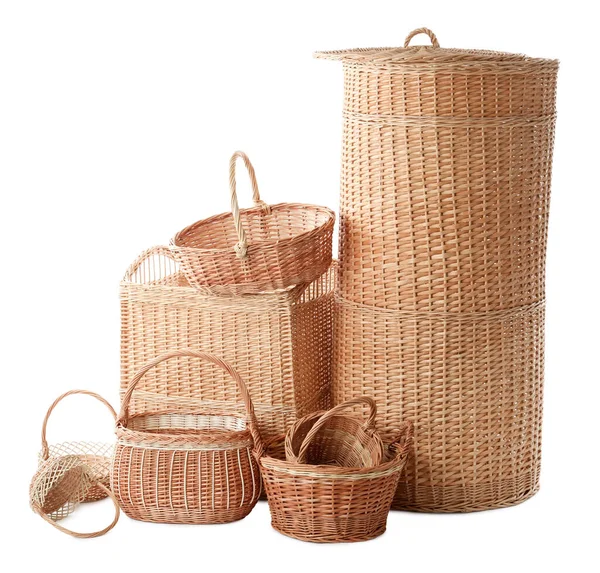 Many Different Wicker Baskets White Background — Stock Photo, Image