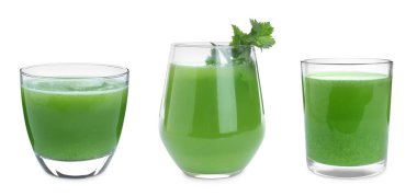 Beyaz arka planda taze kereviz suyu seti. Pankart tasarımı