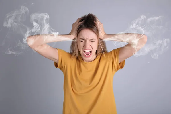 Stressed Upset Young Woman Grey Background — Stock Photo, Image