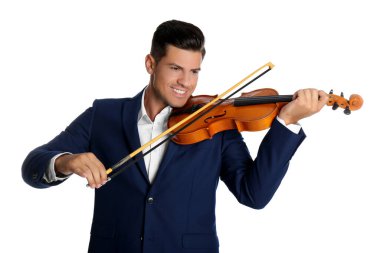 Beyaz arka planda keman çalan mutlu adam