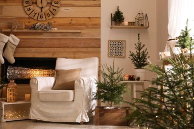 Odasında şömineli köknar ağaçları ve Noel süsleri vardı. Şık iç tasarım