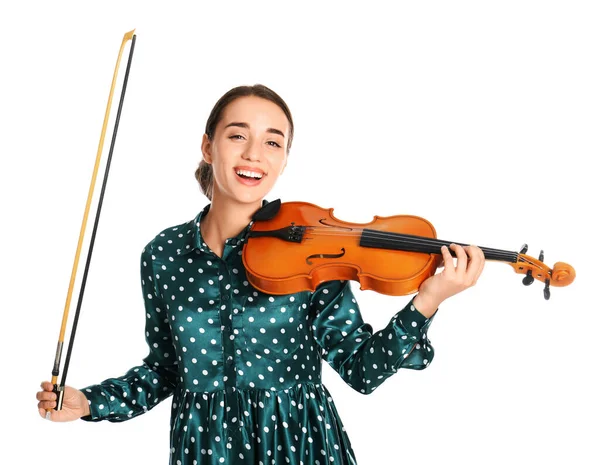 Mulher Bonita Com Violino Fundo Branco — Fotografia de Stock