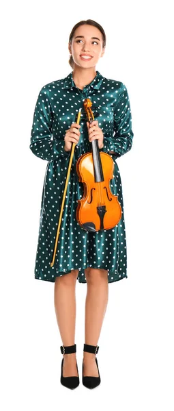 Mulher Bonita Com Violino Fundo Branco — Fotografia de Stock