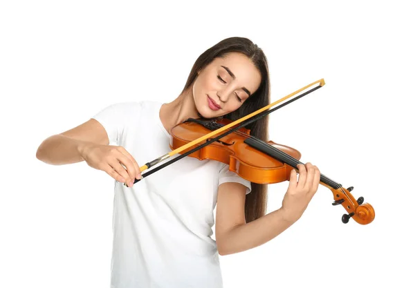 Vacker Kvinna Spelar Fiol Vit Bakgrund — Stockfoto