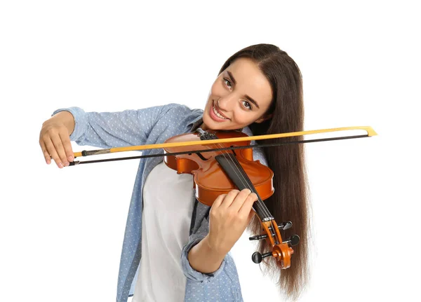 Vacker Kvinna Spelar Fiol Vit Bakgrund — Stockfoto