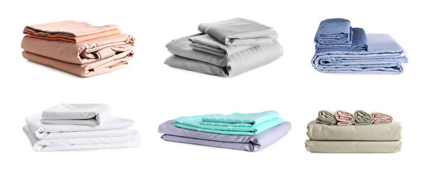 Set with stacks of clean bed linen on white background. Banner design