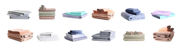 Set with stacks of clean bed linen on white background. Banner design