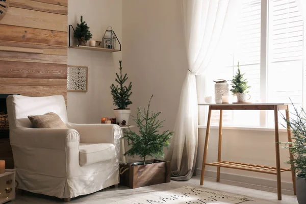 Des Sapins Pot Dans Salon Design Intérieur Noël — Photo