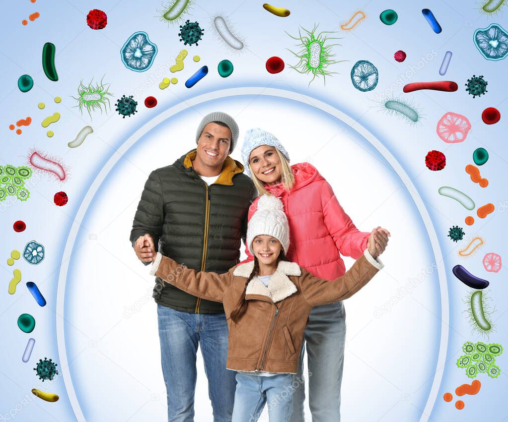 Strong immunity - healthy family. Happy parents with children protected from viruses and bacteria, illustration