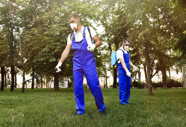 Trabalhadores Pulverizar Pesticidas Relvado Livre Controlo Pragas — Fotografia de Stock