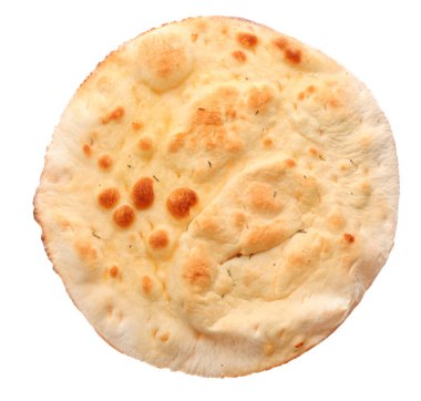 Geleneksel İtalyan Focaccia ekmeği beyaz, üst görünümde izole
