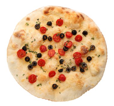 Geleneksel İtalyan Focaccia ekmeği zeytinli, peynirli, domatesli ve kekikli beyaz, üst görünüm