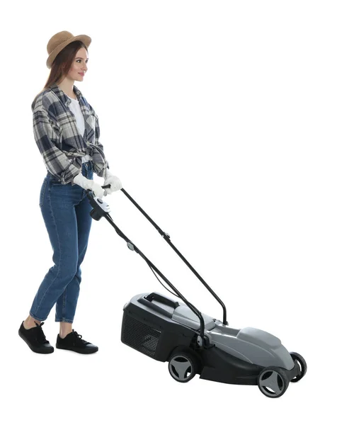 Mujer Joven Con Cortacésped Moderno Sobre Fondo Blanco — Foto de Stock