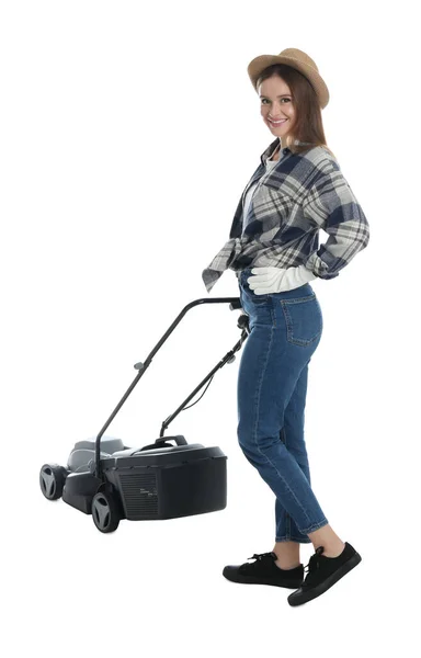 穿着白色背景的现代割草机的年轻女子 — 图库照片