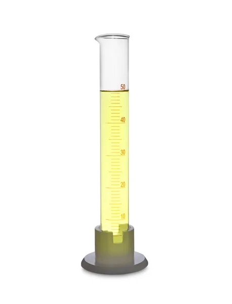 Graduierter Zylinder Mit Gelber Flüssigkeit Isoliert Auf Weiß — Stockfoto