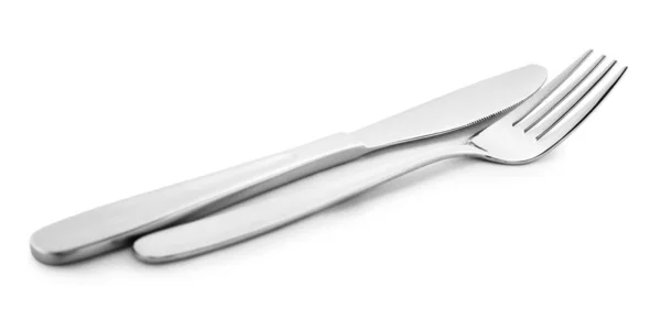 Yeni Temiz Parlak Çatal Bıçak Takımı Beyaza Izole Edilmiş — Stok fotoğraf