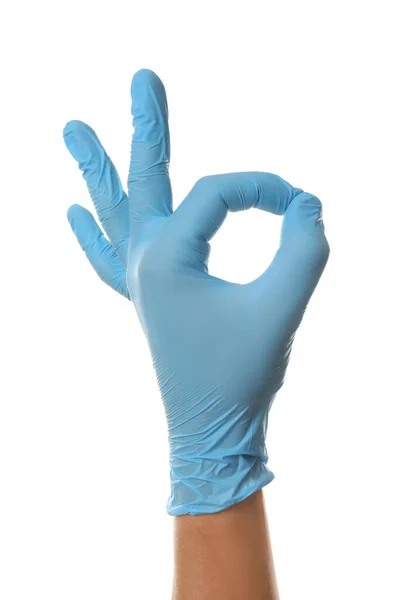 Πρόσωπο Μπλε Γάντια Λατέξ Που Δείχνει Εντάξει Χειρονομία Λευκό Φόντο — Φωτογραφία Αρχείου