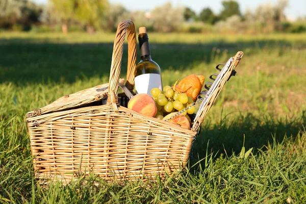 Cesto Picnic Con Snack Bottiglia Vino Erba Verde Nel Parco — Foto Stock