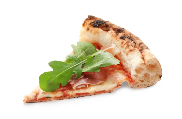 Tranche Pizza Savoureuse Avec Viande Roquette Isolée Sur Blanc — Photo