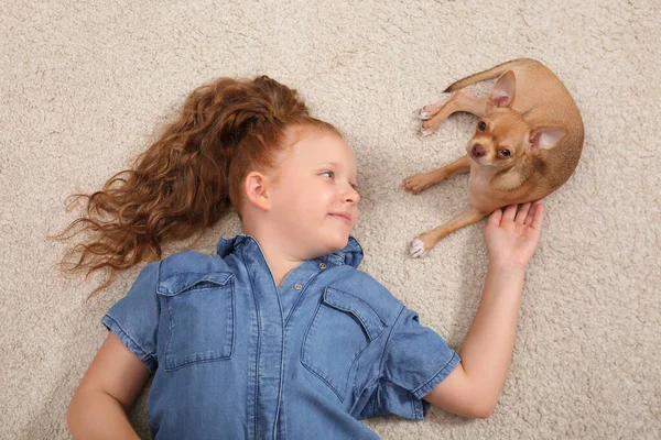Evinde Yerde Köpeği Olan Şirin Bir Çocuk Manzarası Çok Güzel — Stok fotoğraf