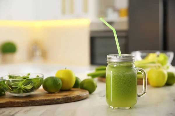 Tasty Fresh Juice Straw Mason Jar Table Indoors Space Text — Stock Photo, Image