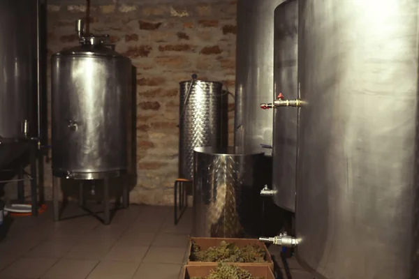 Tanques Aço Para Fermentação Vinho Fábrica — Fotografia de Stock