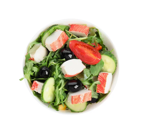 Lezzetli Yengeç Salatası Beyaz Kasede Izole Üst Manzara — Stok fotoğraf