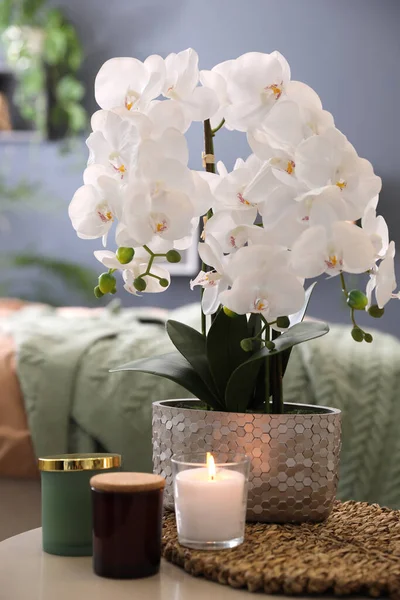 Όμορφες Λευκές Ορχιδέες Και Κεριά Στο Τραπέζι Στο Υπνοδωμάτιο Εσωτερική — Φωτογραφία Αρχείου