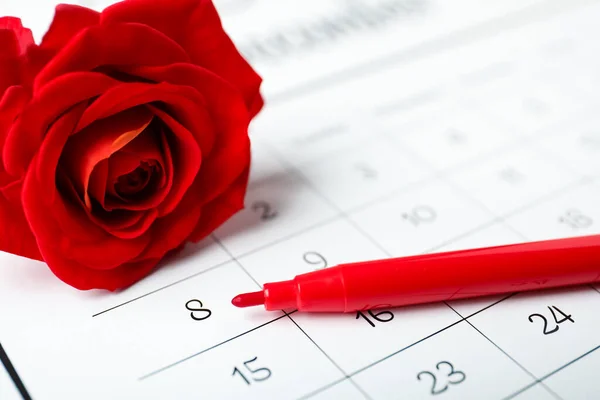 Rose Red Marker Calendar Date 8Th March Closeup International Women — Stock Photo, Image