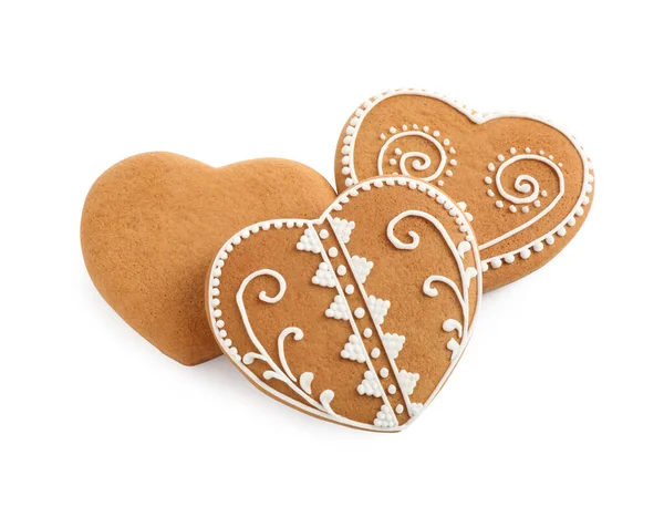 Tasty Heart Shaped Gingerbread Cookies Isolated White View — Stock Photo, Image