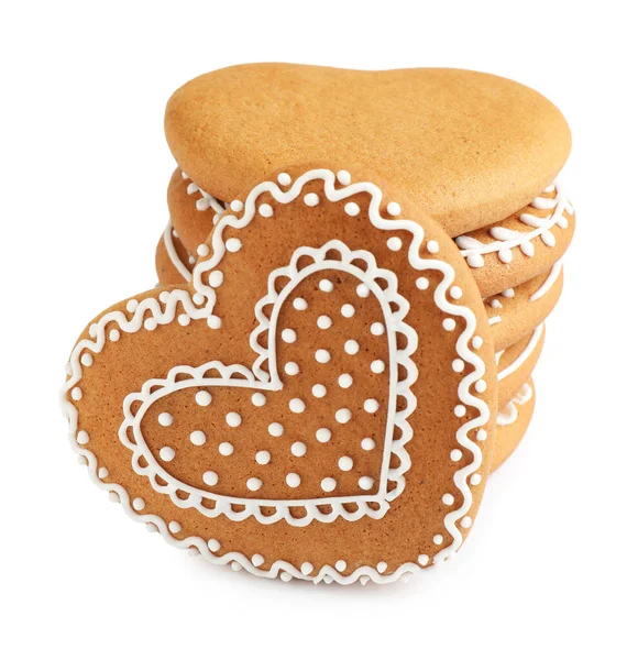 Tasty Heart Shaped Gingerbread Cookies Isolated White — Stock Photo, Image