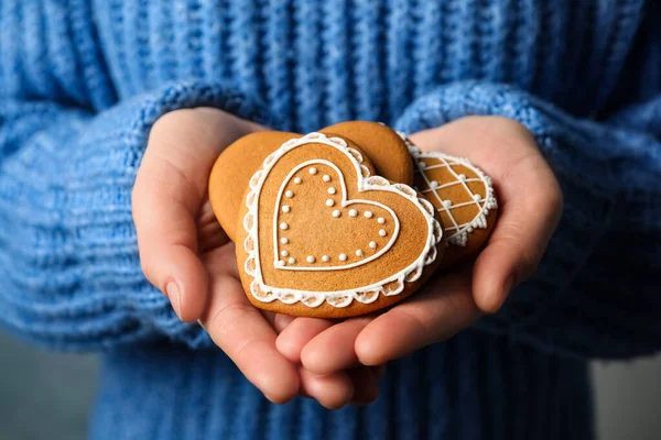 Woman Holding Tasty Heart Shaped Gingerbread Cookies Closeup — Stock Photo, Image