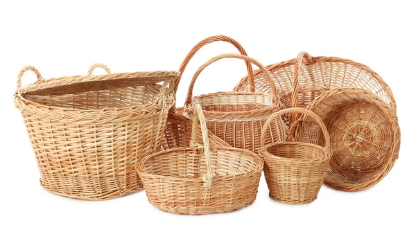 Many Different Wicker Baskets White Background — Stock Photo, Image